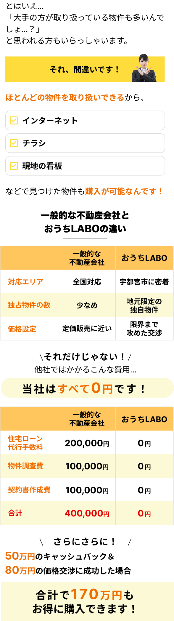 納得するまで、探しましょう。安心できるまで、話しましょう。私が営業マンとしてお客様のマイホーム購入をお手伝いした時のことです。お引渡しの当日、奥様がポロっと涙をこぼしたんです。「やっとこの日を迎えらえて、とても嬉しいです」と。人生最大の買い物です。嬉しい気持ちの裏には、とても大きな不安もあったと思います。だからこそ、「日本で一番親切で安心できる不動産会社を作ろう」と決心し、今日までたくさんのお客様のマイホーム購入をお手伝いしてきました。1人でも多くの方に満足いくマイホームをお届けしたい。少しでも安心して購入してほしい。月並みかもしれませんが、弊社にはそういった想いをもったスタッフしかいません。まずはお気軽にご相談ください。お待ちしています。おうちLABO 代表取締役　氏名