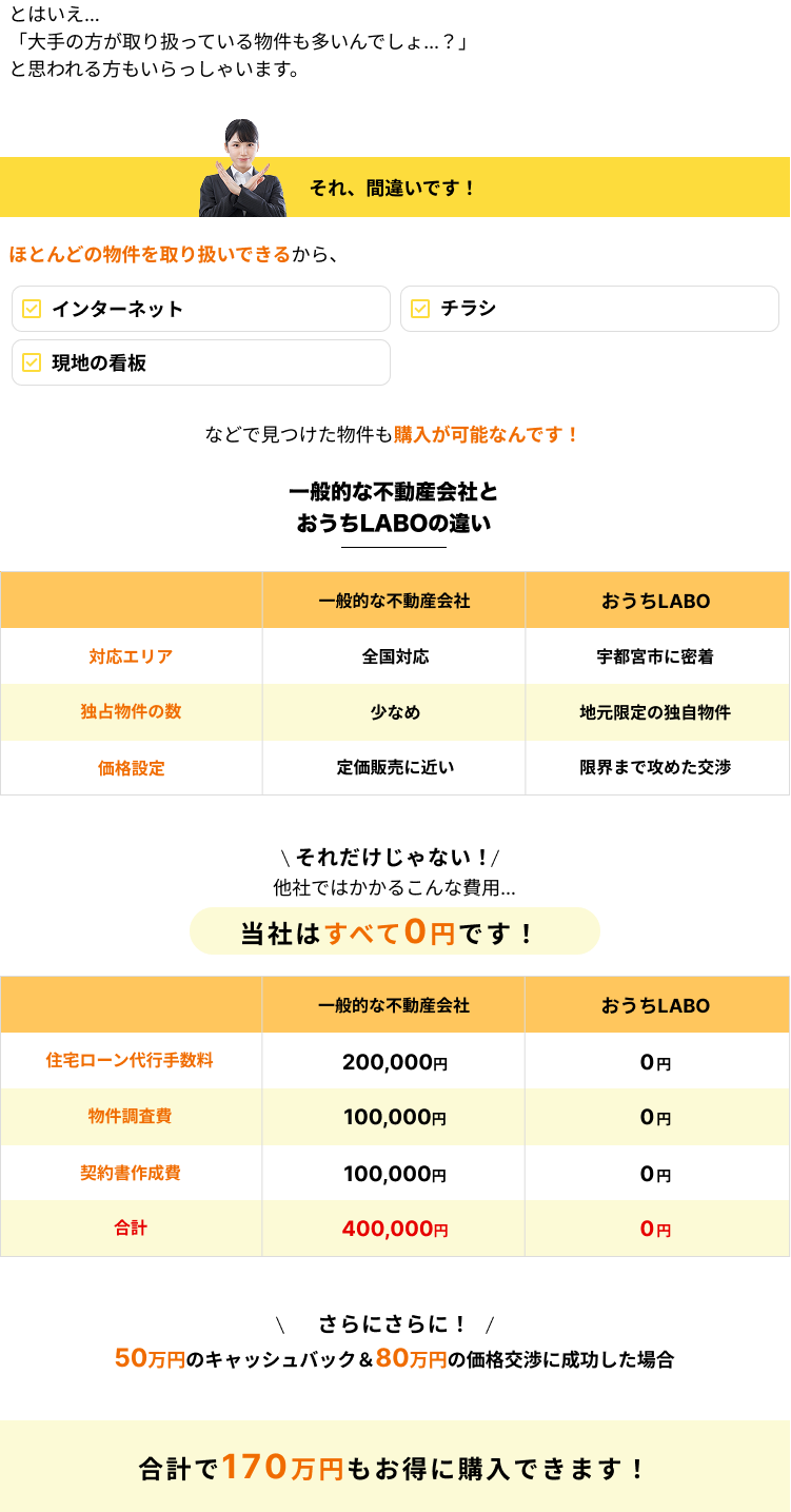 納得するまで、探しましょう。安心できるまで、話しましょう。私が営業マンとしてお客様のマイホーム購入をお手伝いした時のことです。お引渡しの当日、奥様がポロっと涙をこぼしたんです。「やっとこの日を迎えらえて、とても嬉しいです」と。人生最大の買い物です。嬉しい気持ちの裏には、とても大きな不安もあったと思います。だからこそ、「日本で一番親切で安心できる不動産会社を作ろう」と決心し、今日までたくさんのお客様のマイホーム購入をお手伝いしてきました。1人でも多くの方に満足いくマイホームをお届けしたい。少しでも安心して購入してほしい。月並みかもしれませんが、弊社にはそういった想いをもったスタッフしかいません。まずはお気軽にご相談ください。お待ちしています。おうちLABO 代表取締役　氏名