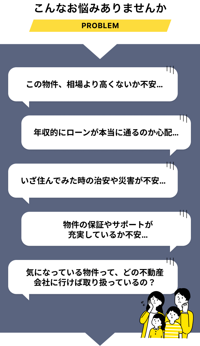 こんなお悩みありませんか:この物件、相場より高くないか不安/物件の保証やサポートが充実しているか不安/年収的にローンが本当に通るのか心配/気になっている物件って、どの不動産会社に行けば取り扱っているの?/いざ住んでみたときの治安や災害が不安