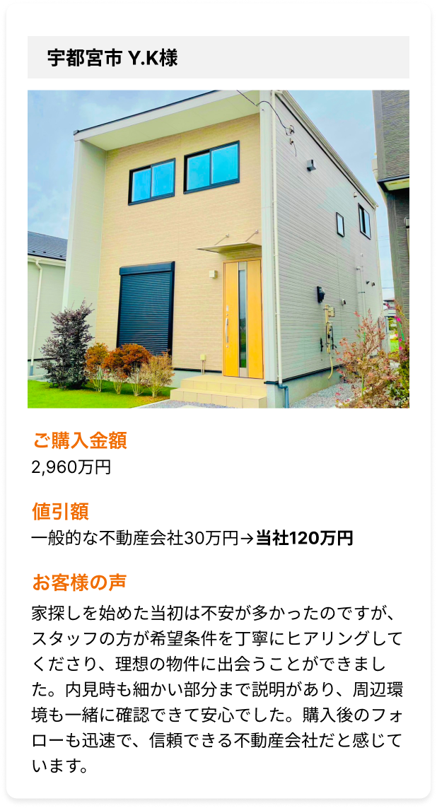 家探しを始めた当初は不安が多かったのですが、スタッフの方が希望条件を丁寧にヒアリングしてくださり、理想の物件に出会うことができました。内見時も細かい部分まで説明があり、周辺環境も一緒に確認できて安心でした。購入後のフォローも迅速で、信頼できる不動産会社だと感じています。