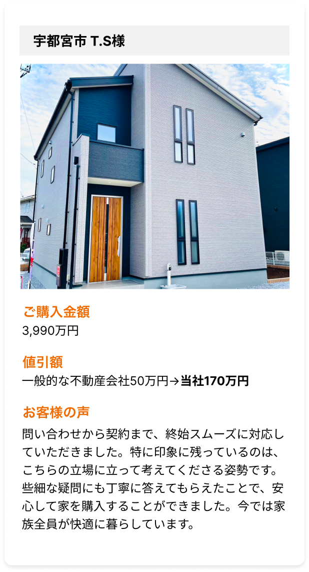 問い合わせから契約まで、終始スムーズに対応していただきました。特に印象に残っているのは、こちらの立場に立って考えてくださる姿勢です。些細な疑問にも丁寧に答えてもらえたことで、安心して家を購入することができました。今では家族全員が快適に暮らしています。